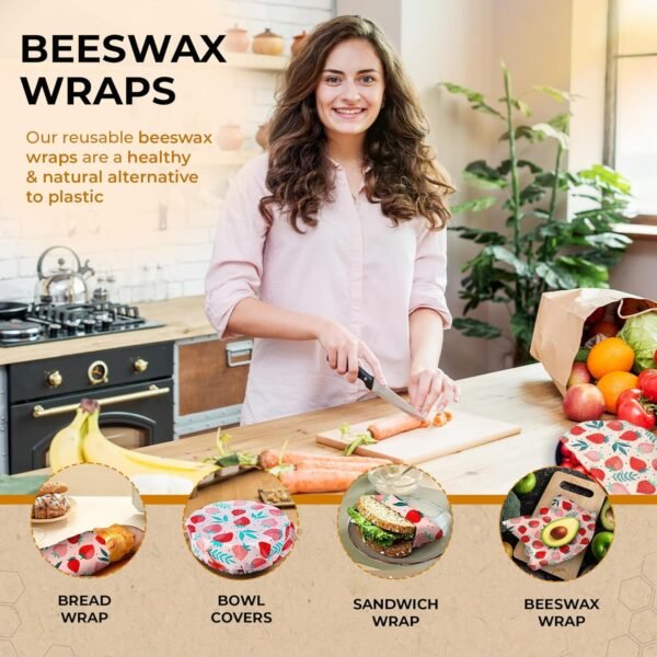 10 Pack Strawberries Beeswax Wraps, 100% Organic, Eco Friendly, Zero Waste, Reusable, Washable - Kitchen Food Storage for Breads, Fruits, Vegetables | 4pcs Small, 3pcs Medium, 3pcs Large - Image 6