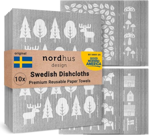 Swedish Dishcloths,10 Grey Cloths, Made in Sweden - Reusable, Washable Cellulose Cotton Kitchen Cloths - Replace Paper Towels, Wipes, Sponges, Dish Rags