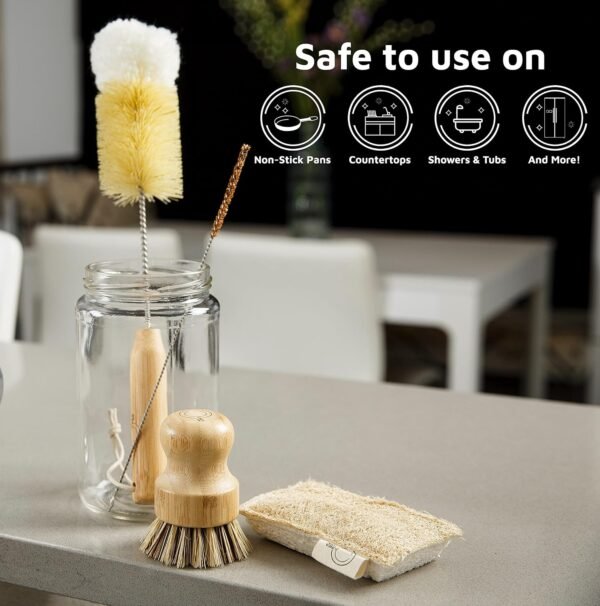 Bamboo Dish Brush Set, Complete Sustainable & Compostable Sponge and Scrubber Set, Eco Friendly Cleaning Products, Bamboo Cleaning Brush, Wooden Kitchen Scrub Brush for Dishes, Dish Brush Set - Image 8