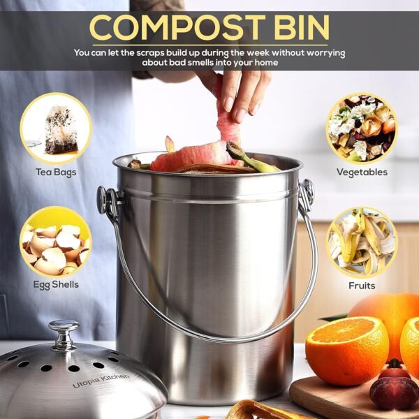 Utopia Kitchen Compost Bin for Kitchen Countertop - 1.3 Gallon Compost Bucket for Kitchen with Lid - includes 1 Spare Charcoal Filter (Silver) - Image 4