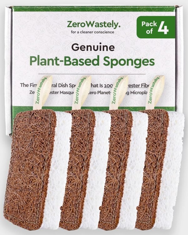 Natural Sponges for Dishes - More Durable and Genuinly Eco Friendly Sponges - 100% Coconut Sponge - Zero Polyester Odor Free Biodegradable Kitchen Sponges - Stiched Compostable Sponges by ZeroWastely