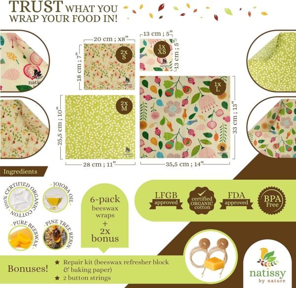 Reusable Beeswax Wraps for Food, Set of 6 Organic Wax Wraps for Food Reusable; Reusable Beeswax Paper Food Wrap; Reusable Wax Food Wrap for Bread, Sandwich; Bees Wax Paper for Covering Food Bowls - Image 2