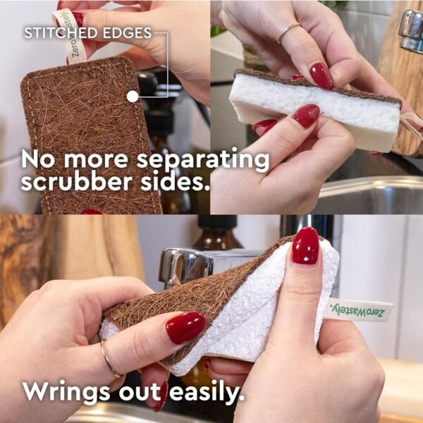 Natural Sponges for Dishes - More Durable and Genuinly Eco Friendly Sponges - 100% Coconut Sponge - Zero Polyester Odor Free Biodegradable Kitchen Sponges - Stiched Compostable Sponges by ZeroWastely - Image 3