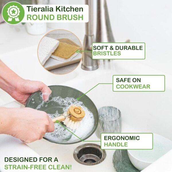 Tieralia 5-Piece Eco-Friendly Bamboo Dish Brush Set with Compostable Wood Pulp Sponges | Bamboo Dish Brushes Kitchen Cleaning Set | Dish Brush Set | Dish Brush - Image 4