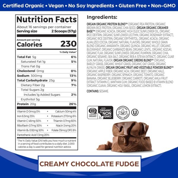 Orgain Organic Meal, Vegan Meal Replacement Protein Powder, Creamy Chocolate Fudge - 20g Plant Based Protein, 7g Prebiotic Fiber, Fruits, Vegetables & Greens, Gluten Free, Shakes & Smoothies, 2.01lb - Image 2