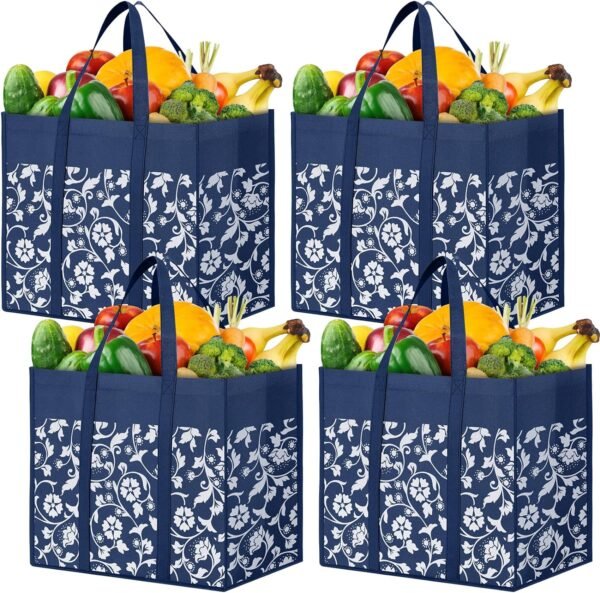 WOWBOX Reusable Grocery Bags Foldable Tote Bags Bulk with Reinforced Handles Shopping Bags for Groceries Heavy Duty Large Bags Kitchen Reusable Grocery Bags with Waterproof Coating 4-Pack, Blue