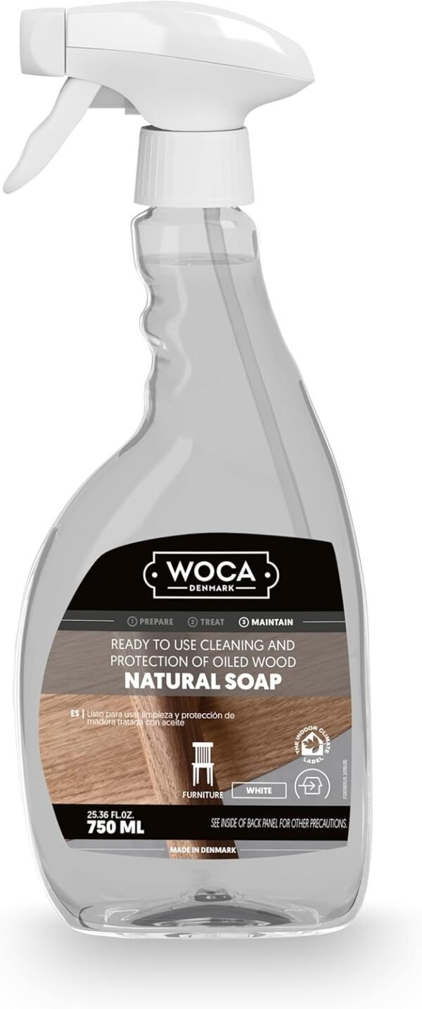 WOCA Denmark- Natural Soap Spray [750ml] - Cleaner And Protection Of Oil & Wax Finished Wood Countertops, Cutting Boards, Furniture, Cabinets, Trim and Floors (Natural)