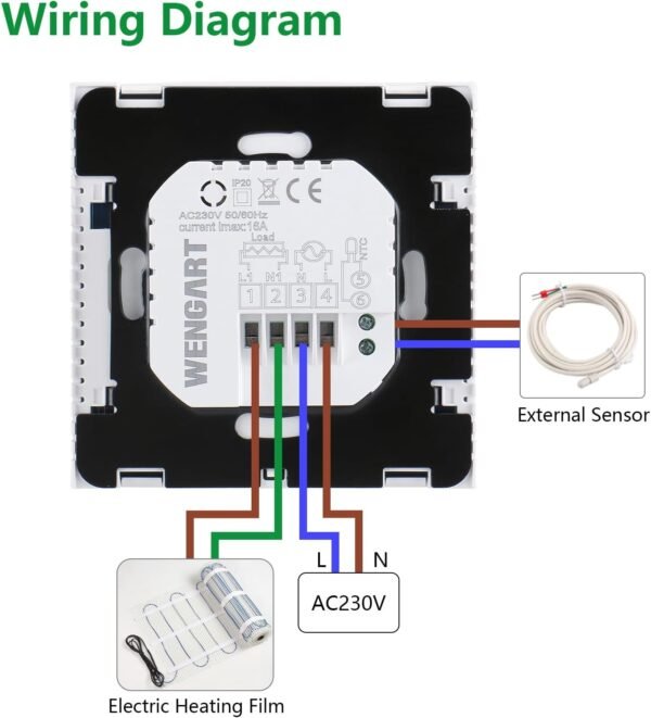 WiFi Smart Thermostat WG02B05,Heat Only 2.4GHz Wi-Fi APP TUYA for Electric Underfloor Heating with 3m Probe Sensor,Compatible with Alexa Echo/Google Home,AC90-240V Max16A White Backlight - Image 3