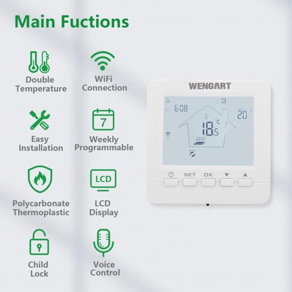 WiFi Smart Thermostat WG02B05,Heat Only 2.4GHz Wi-Fi APP TUYA for Electric Underfloor Heating with 3m Probe Sensor,Compatible with Alexa Echo/Google Home,AC90-240V Max16A White Backlight - Image 5