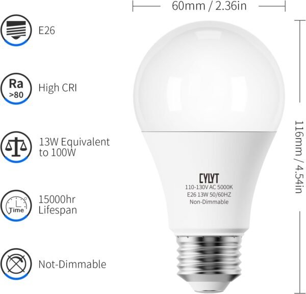 100W Equivalent Bright LED Light Bulbs, Daylight White 5000K A19 Lightbulbs, Focos LED para Casa, for Kitchen Bedroom Indoor, 1500 Lumens, E26 Standard Base, Non-Dimmable, 4-Pack - Image 3