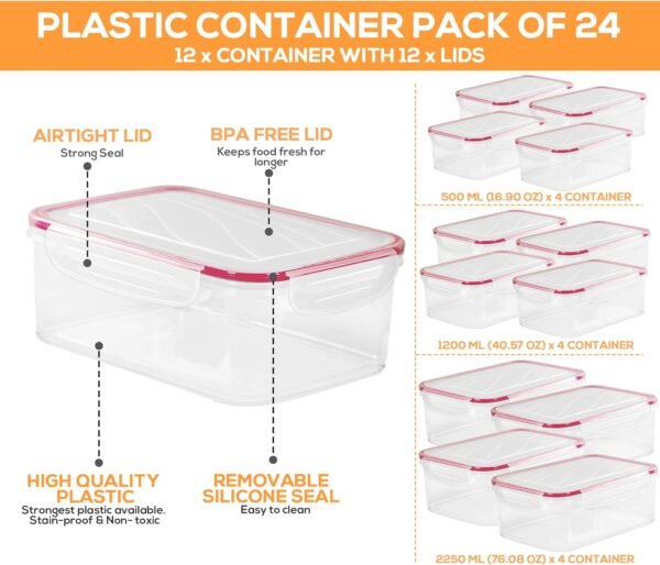 Utopia Kitchen Plastic Food Storage Container Set with Airtight Lids - Pack of 24 (12 Containers & 12 Snap Lids)- Reusable & Leftover Lunch Boxes - Leak Proof & Microwave Safe - Image 2