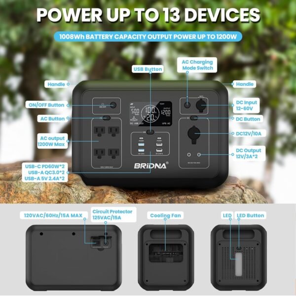 1008Wh LiFePO4 Portable Power Station with 200W Solar Panel, 1200W Solar Generator UPS Backup Battery Power Supply with 13 Outlets(4 AC Outlets) for Outdoors CPAP Camping RV Home Power Outage - Image 7