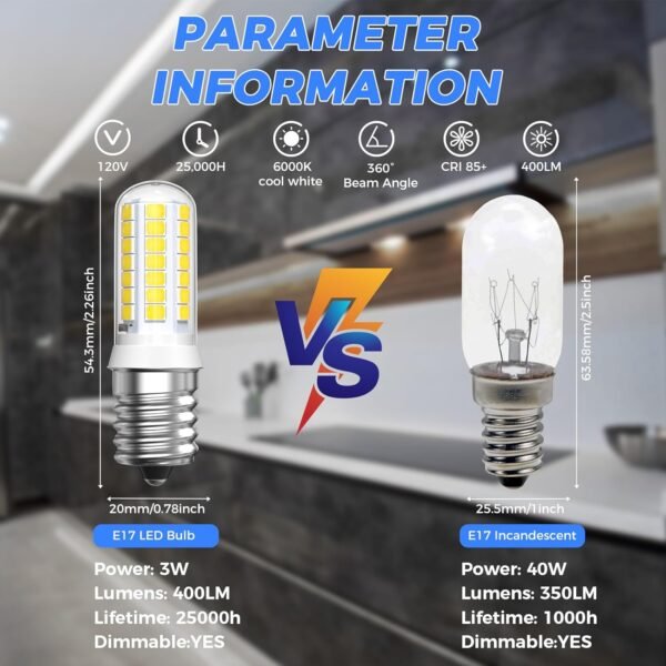 TOBEGLAM E17 LED Bulb Dimmable,3W Microwave Oven Light,40W Appliance Bulb Equivalent,6000K Cool White,E17 Intermediate Base Light Bulb for Stove Top,Appliance,Range Hood,Pack of 2 - Image 5