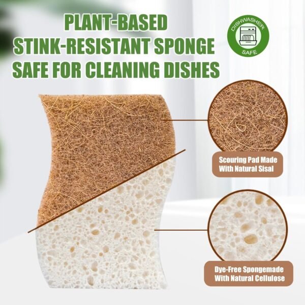 Wood Pulp Cotton and Sisal Double-Sided Cleaning Sponges, Non-Scratch, Absorbent, Hard-Wearing, Pack of 6, Cleaning Dishes, Kitchen Countertops, Kitchenware, Non-Stick Cookware, Sinks, Tan - Image 3