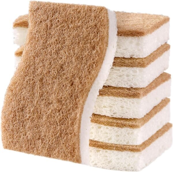 Wood Pulp Cotton and Sisal Double-Sided Cleaning Sponges, Non-Scratch, Absorbent, Hard-Wearing, Pack of 6, Cleaning Dishes, Kitchen Countertops, Kitchenware, Non-Stick Cookware, Sinks, Tan