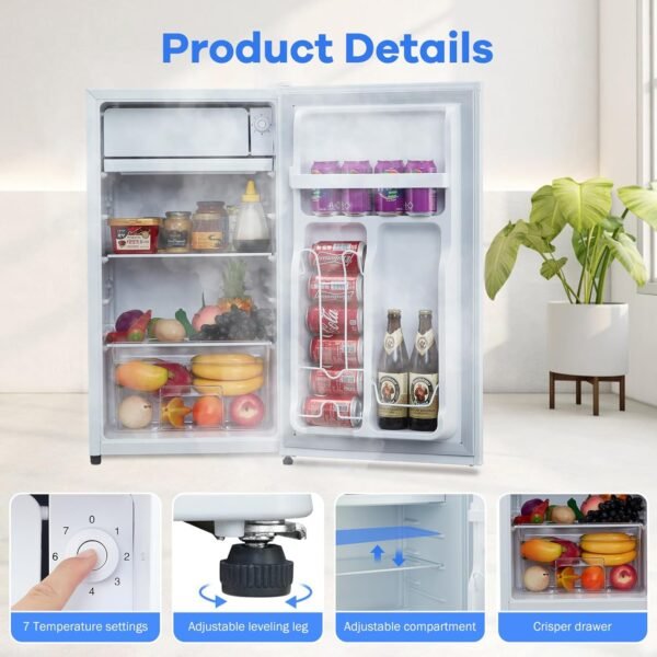 3.2 Cu.Ft. Single Door Compact Refrigerator Small Refrigerator with Freezer Adjustable Thermostat Energy-efficient Low Noise, Compact Fridge for Dorm, Office, Apartment (White) - Image 4