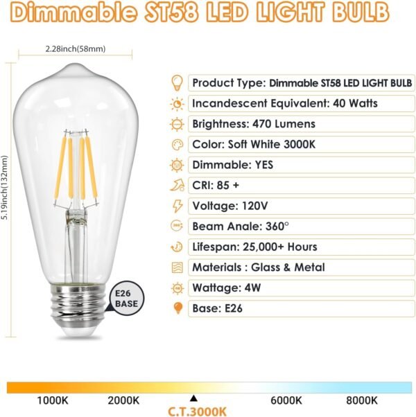 Vintage LED Edison Bulbs, ST58 Dimmable 4W E26 LED Bulb 40W Equivalent, 3000K Soft White Led Light Bulbs, Antique LED Filament Bulbs, CRI 80+, Flicker Free, No Glare, Clear Glass, Pack of 6 - Image 2