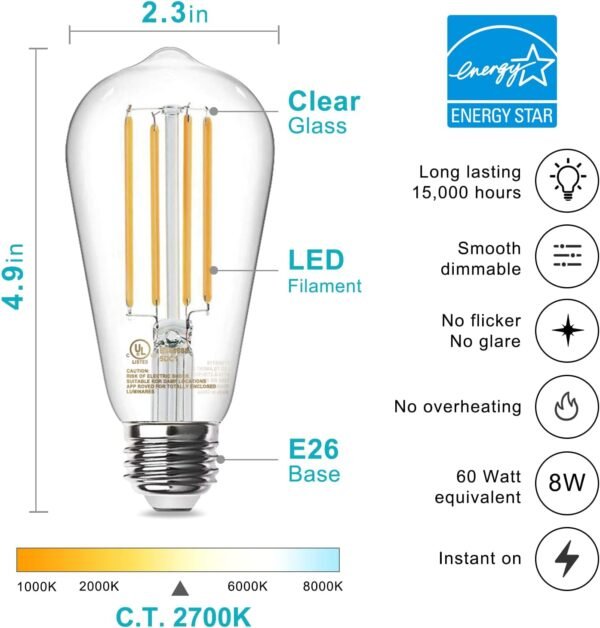 TJOY Edison Light Bulbs 60W Equivalent, Dimmable Vintage LED Light Bulbs, E26 Medium Base, Warm White 2700K, ST58, 8W, 800LM, 80+ CRI, Antique Decorative Filament LED Bulb, Clear Glass, 6 Pack - Image 2