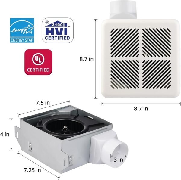 Tech Drive Very Quiet 50CFM 1.2Sone Bathroom Ventilation and Exhaust Fan,3inch duct, Ceiling or Wall Mounted Fan, Easy to Install