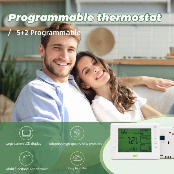 Universal Thermostat 5+2 Programmable for Multistage HVAC Systems - Large LCD Display - Battery or 24V Hardwire Powered - Compatible with Gas, Electric, and Oil Home Systems - Backlight - Image 2
