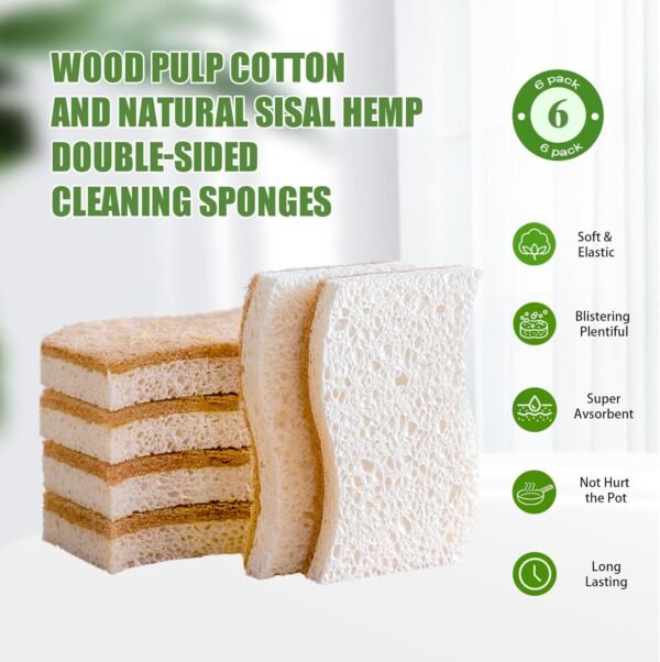 Wood Pulp Cotton and Sisal Double-Sided Cleaning Sponges, Non-Scratch, Absorbent, Hard-Wearing, Pack of 6, Cleaning Dishes, Kitchen Countertops, Kitchenware, Non-Stick Cookware, Sinks, Tan - Image 2