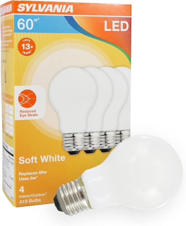 SYLVANIA Reduced Eye Strain A19 LED Light Bulb, 60W = 8W, 13 Year, Dimmable, Frosted, 2700K, Soft White - 4 Pk