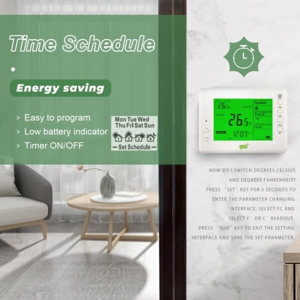 Universal Thermostat 5+2 Programmable for Multistage HVAC Systems - Large LCD Display - Battery or 24V Hardwire Powered - Compatible with Gas, Electric, and Oil Home Systems - Backlight - Image 5