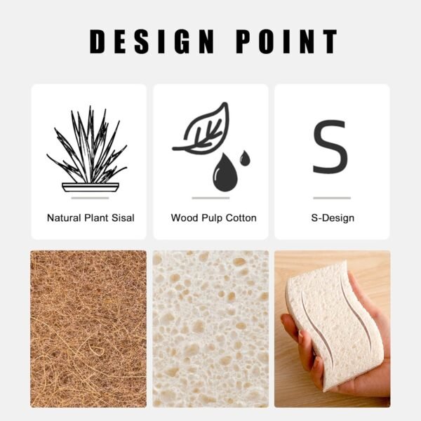Wood Pulp Cotton and Sisal Double-Sided Cleaning Sponges, Non-Scratch, Absorbent, Hard-Wearing, Pack of 6, Cleaning Dishes, Kitchen Countertops, Kitchenware, Non-Stick Cookware, Sinks, Tan - Image 7