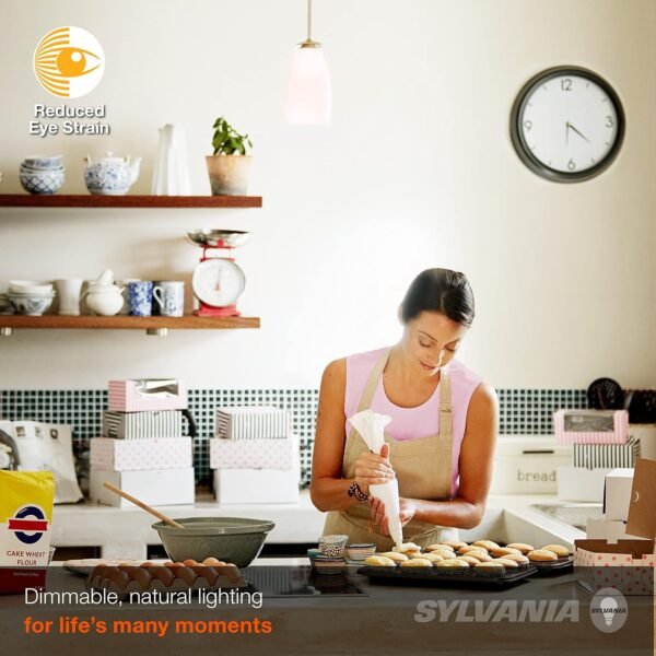 SYLVANIA Reduced Eye Strain A19 LED Light Bulb, 60W = 8W, 13 Year, Dimmable, Frosted, 2700K, Soft White - 4 Pk - Image 4