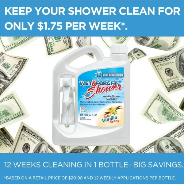 Wet & Forget Shower Cleaner Spray Multi-Surface Weekly Application Requires No Scrubbing, Bleach-Free Formula, Ready to Use, Vanilla Scent, 3 Months of Cleaning, 64 Fluid Ounces, 1 Pack - Image 3