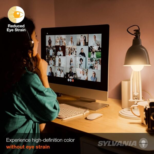 SYLVANIA Reduced Eye Strain A19 LED Light Bulb, 60W = 8W, 13 Year, Dimmable, Frosted, 2700K, Soft White - 4 Pk - Image 3