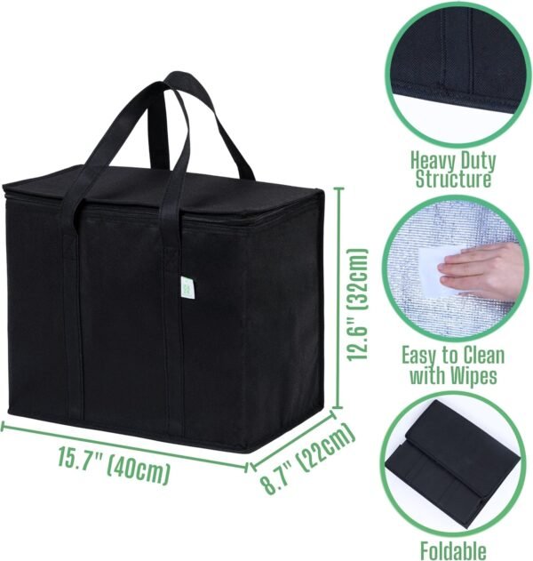 VENO 2 Pack Cooler Bag and Insulated Grocery Bags for Food Delivery, Collapsible Cooler, Reusable Shopping Bags for Groceries with zipper, Foldable, Heavy-Duty, Stands Upright (Black, 2 Pack) - Image 4