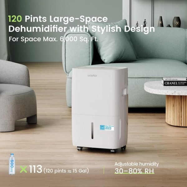 Waykar 120 Pints Energy Star Dehumidifier for Spaces up to 6,000 Sq. Ft at Home, in Basements and Large Rooms with Drain Hose and 1.14 Gallons Water Tank (JD025CE-120) - Image 2