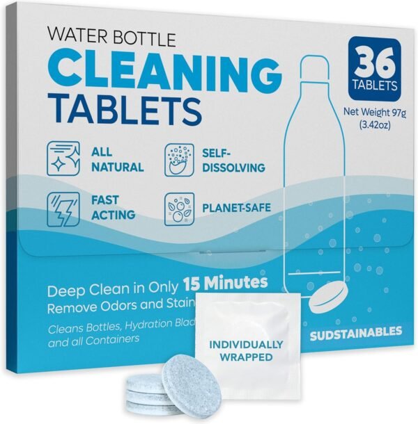 Water Bottle Cleaning Tablets - 36 Pack,Chlorine & Odor Free, Hydration Bladder and Water Bottle Cleaner Tablets, Removes Stubborn Stains & Odors