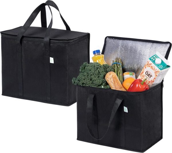 VENO 2 Pack Cooler Bag and Insulated Grocery Bags for Food Delivery, Collapsible Cooler, Reusable Shopping Bags for Groceries with zipper, Foldable, Heavy-Duty, Stands Upright (Black, 2 Pack)
