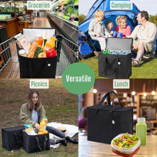VENO 2 Pack Cooler Bag and Insulated Grocery Bags for Food Delivery, Collapsible Cooler, Reusable Shopping Bags for Groceries with zipper, Foldable, Heavy-Duty, Stands Upright (Black, 2 Pack) - Image 7