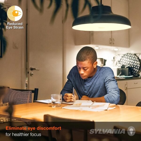 SYLVANIA Reduced Eye Strain A19 LED Light Bulb, 60W = 8W, 13 Year, Dimmable, Frosted, 2700K, Soft White - 4 Pk - Image 5